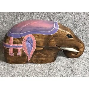 Wooden Thai Elephant Sculpture Hand Painted Pink Purple Carved Decor